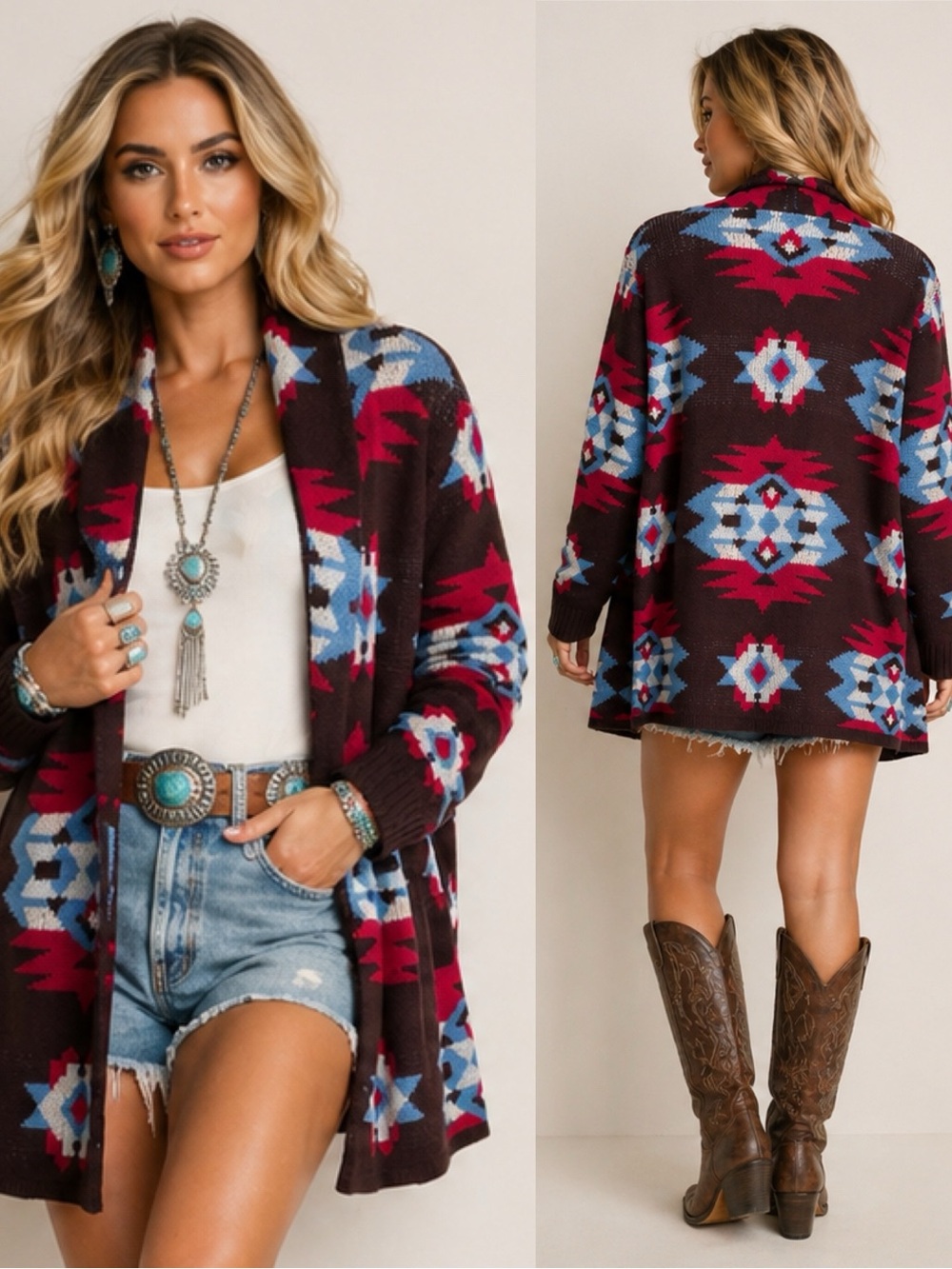 Lucky Brand Aztec Southwestern Cardigan Shawl Collar Knit Sweater Boho Western M